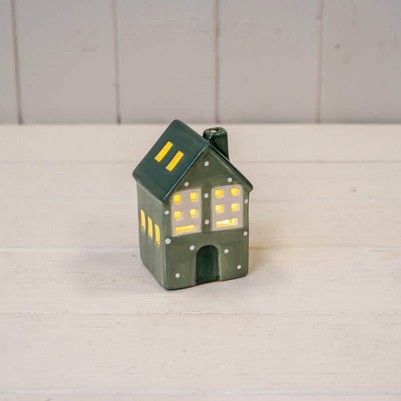 Green Ceramic Led House With Snowball Décor 9.5cm H