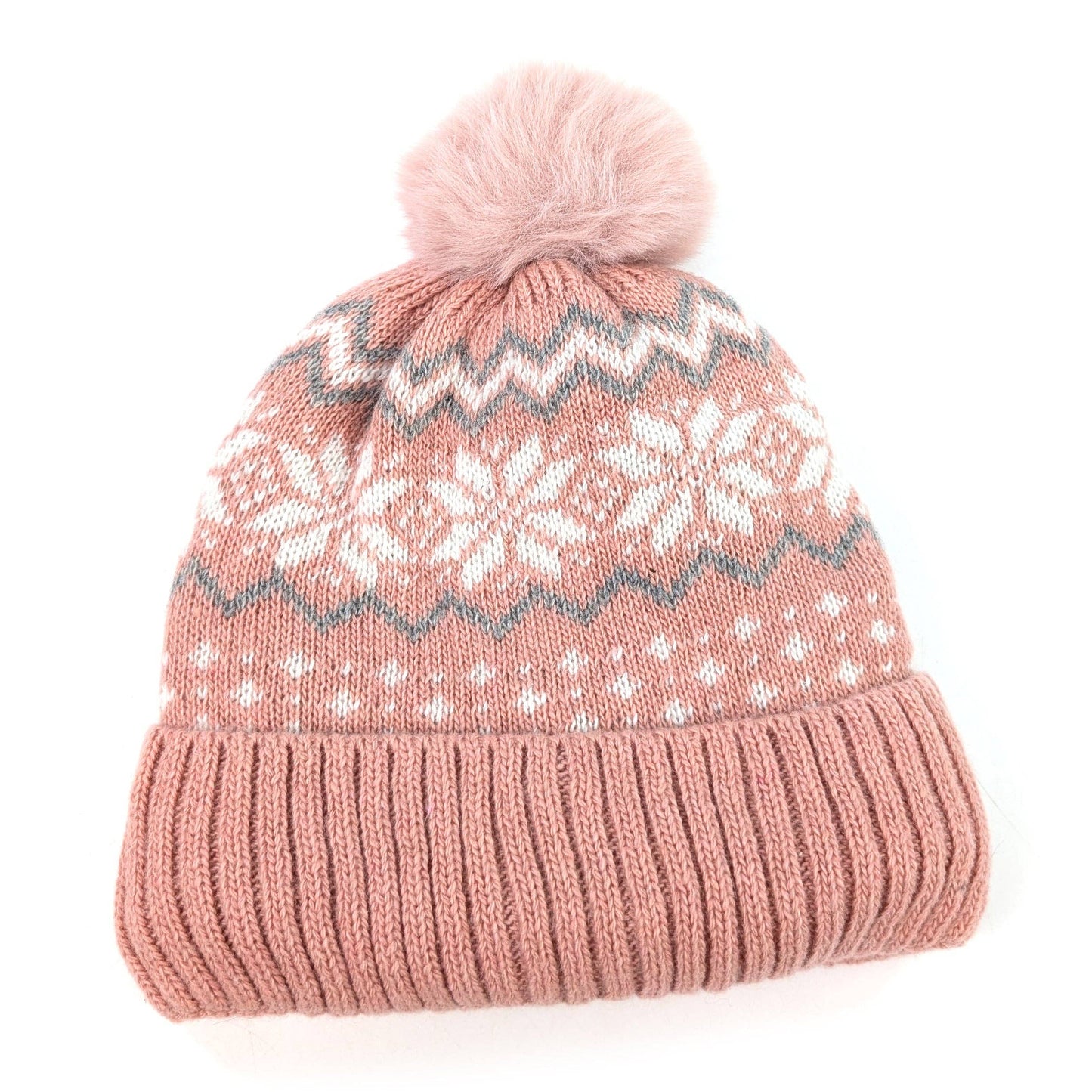 Fluffy Nordic Bobble Hat Pink with Faux Fur Lining