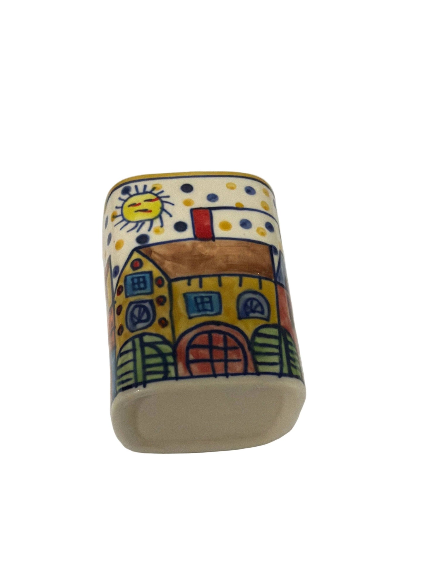 Pair of Colourful Whimsical Village Ceramic Pots H4.5"