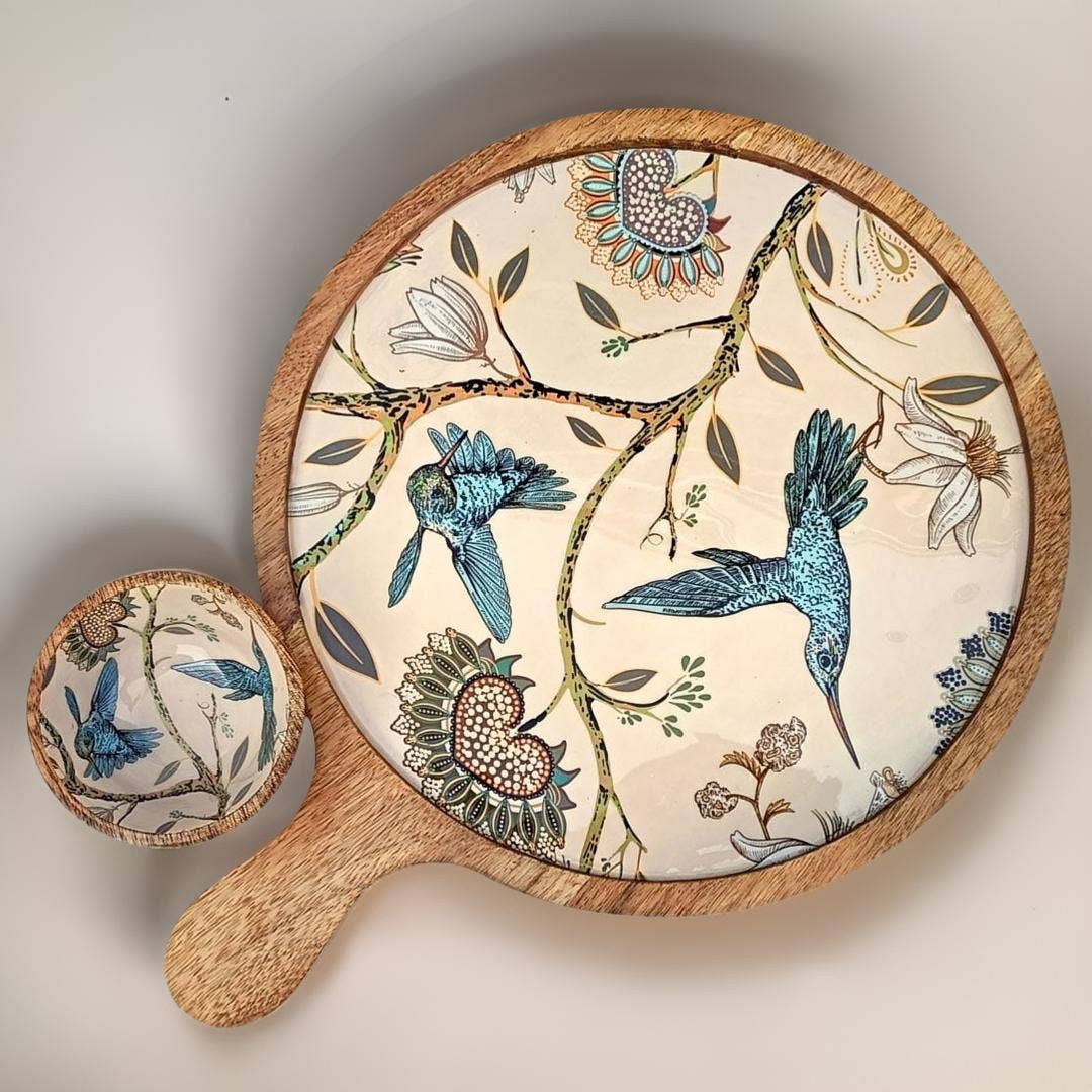 Handmade Charcuterie Board Paddle Tray  with dip bowl - Hummingbird