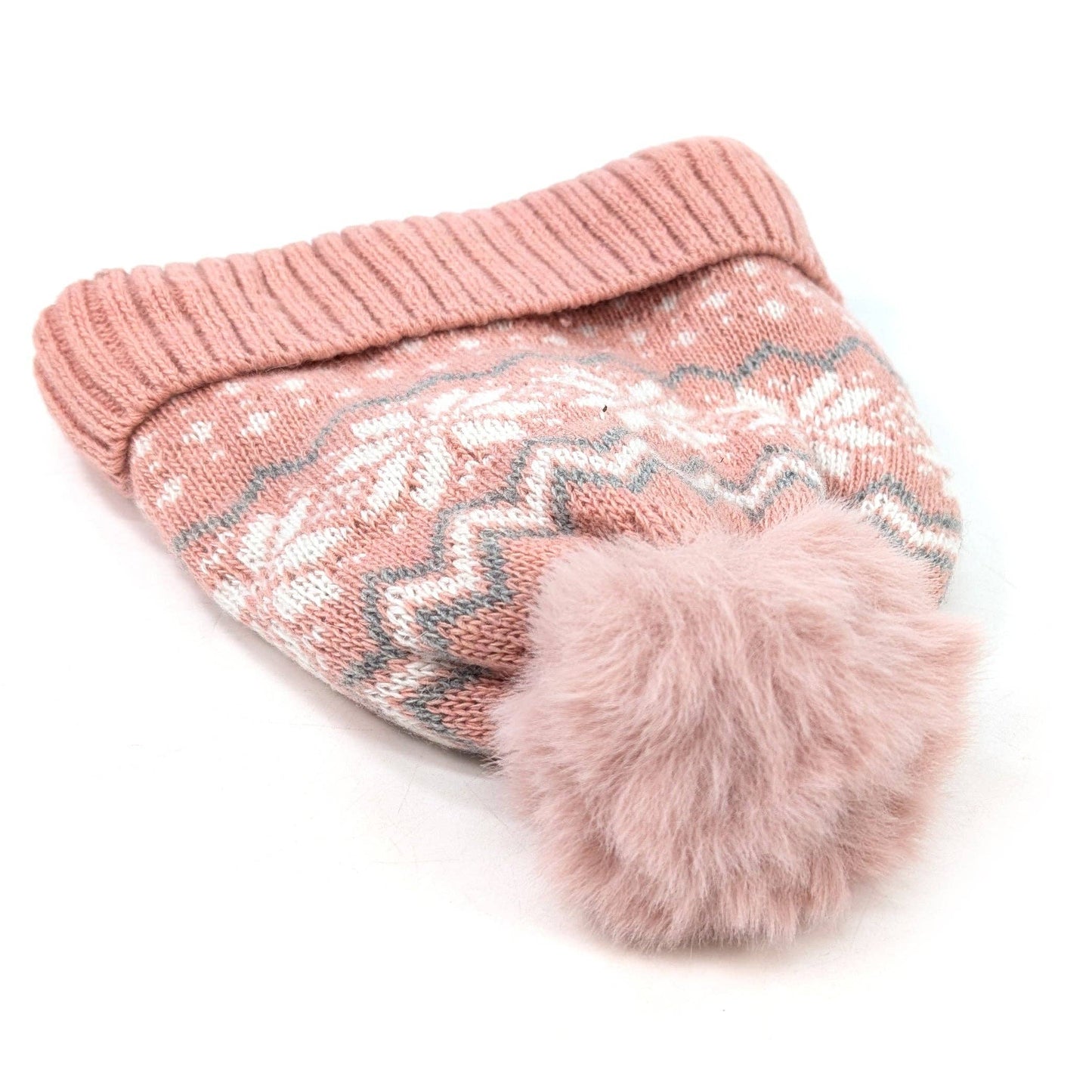Fluffy Nordic Bobble Hat Pink with Faux Fur Lining