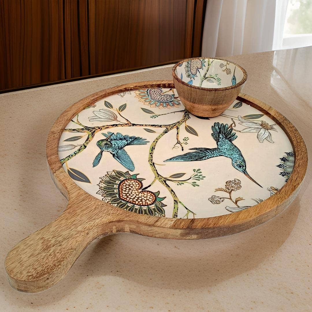 Handmade Charcuterie Board Paddle Tray  with dip bowl - Hummingbird