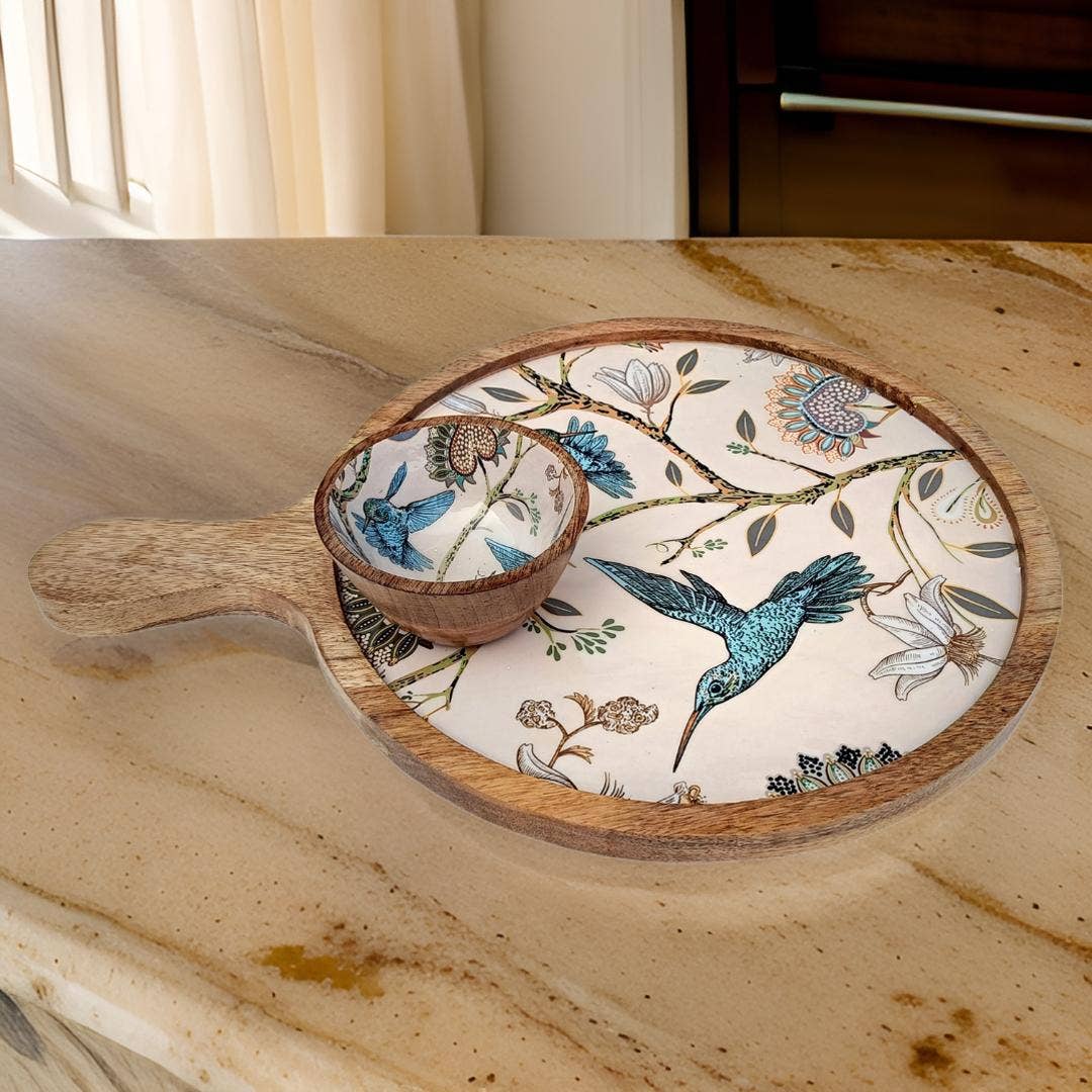 Handmade Charcuterie Board Paddle Tray  with dip bowl - Hummingbird