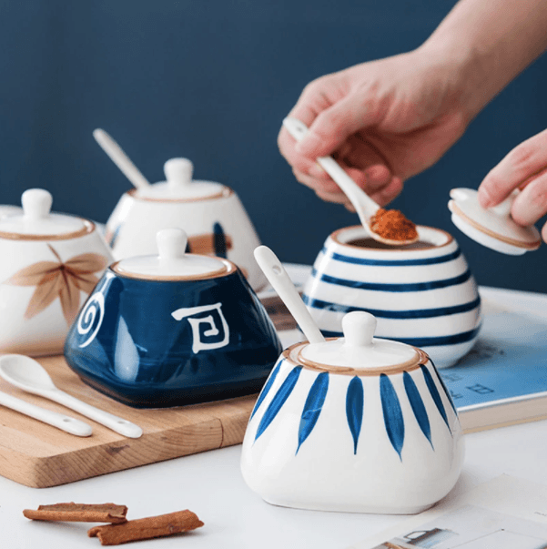 Japanese Hand-painted Ceramic Spice Jar Size: 10.5cm x 8.5cm