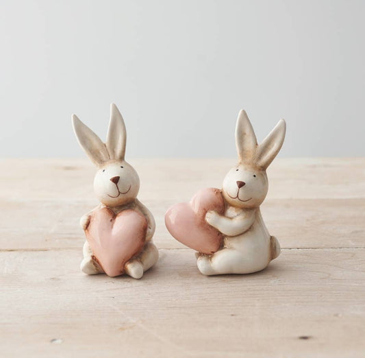 Two Assorted Rabbits with Hearts, 10cm -Cute! & Good quality.