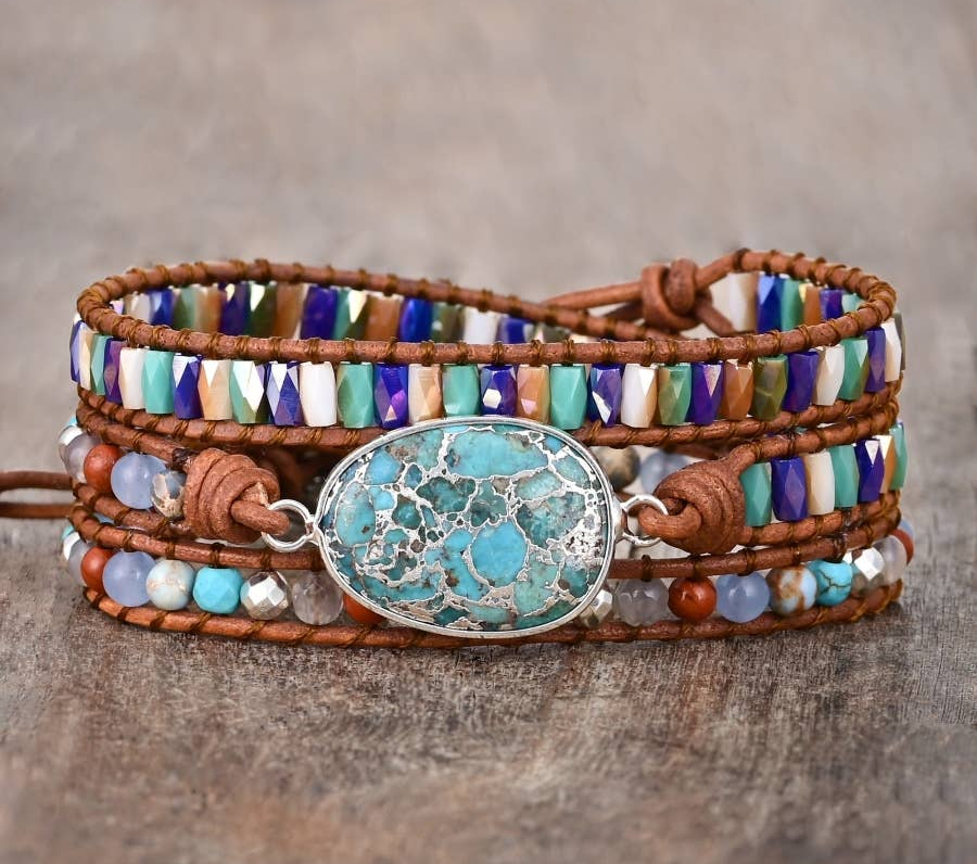 Natural Turquoise & Jasper Silver Wrap Bracelet with three colourful gemstone strands and oval turquoise jasper centrepiece