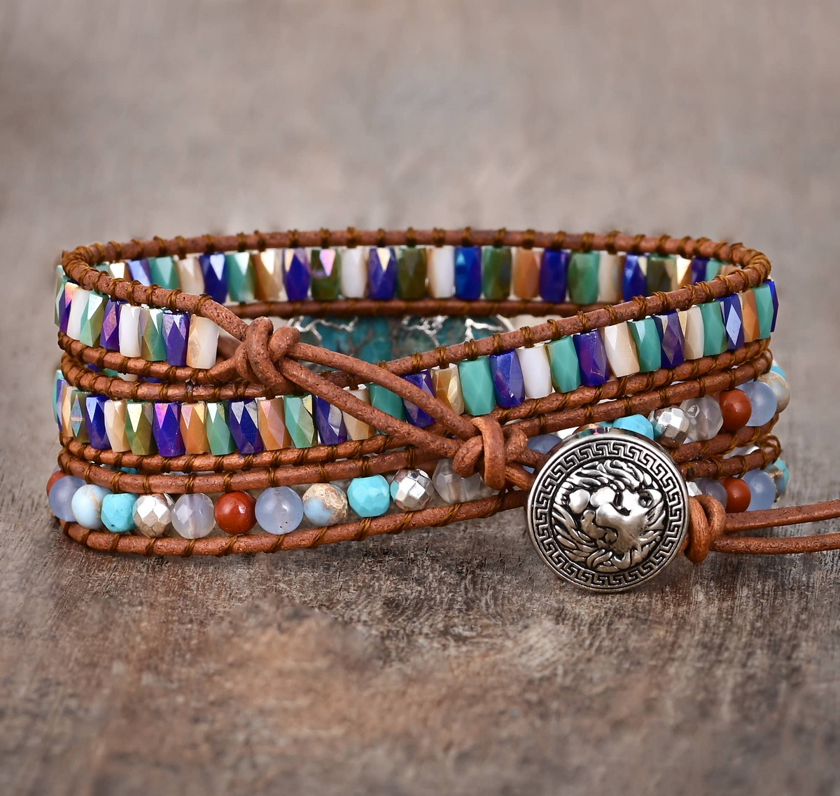 Natural Turquoise & Jasper Silver Wrap Bracelet with multicoloured gemstone beads and silver-tone centrepiece