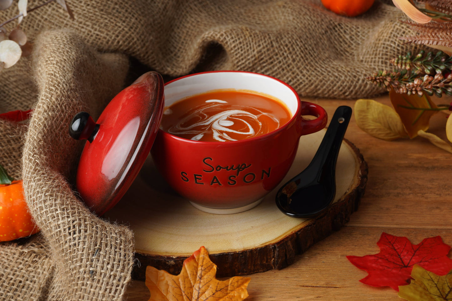 Red Stoneware Soup Bowl with Lid and Spoon