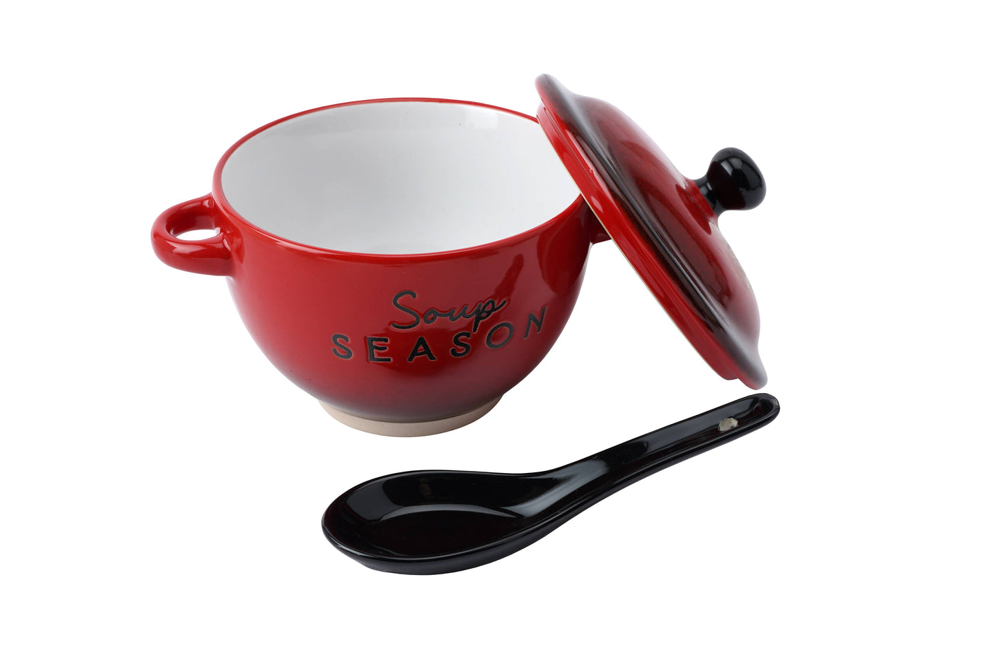 Red Stoneware Soup Bowl with Lid and Spoon