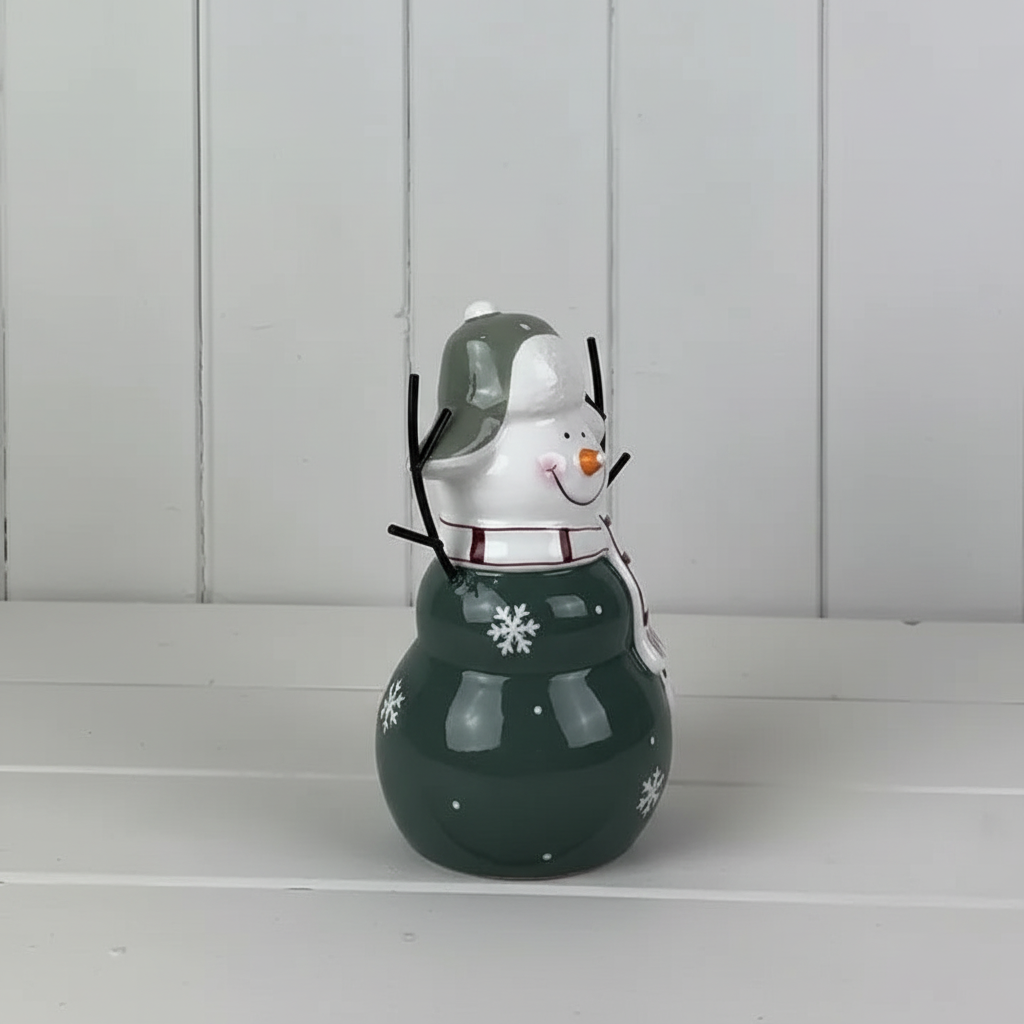 Dark Green/White Ceramic Snowman Decoration