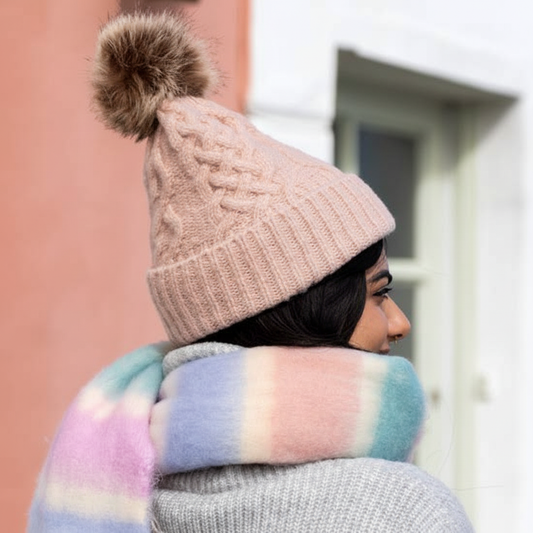 Pink Cable Knit Bobble Hat | Faux Fur Pom Pom Beanie