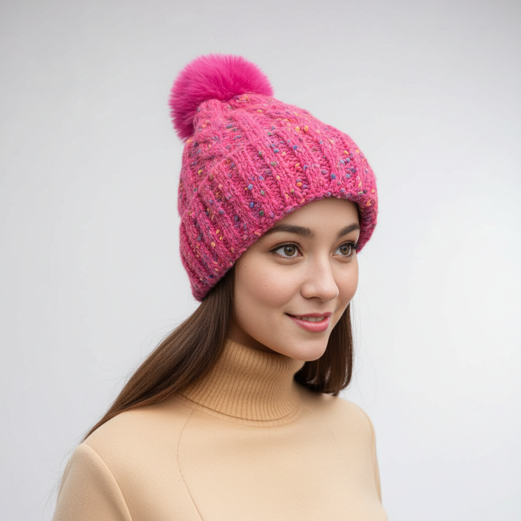 Neon Pink Confetti Bobble Hat with Faux Fur Pom Pom
