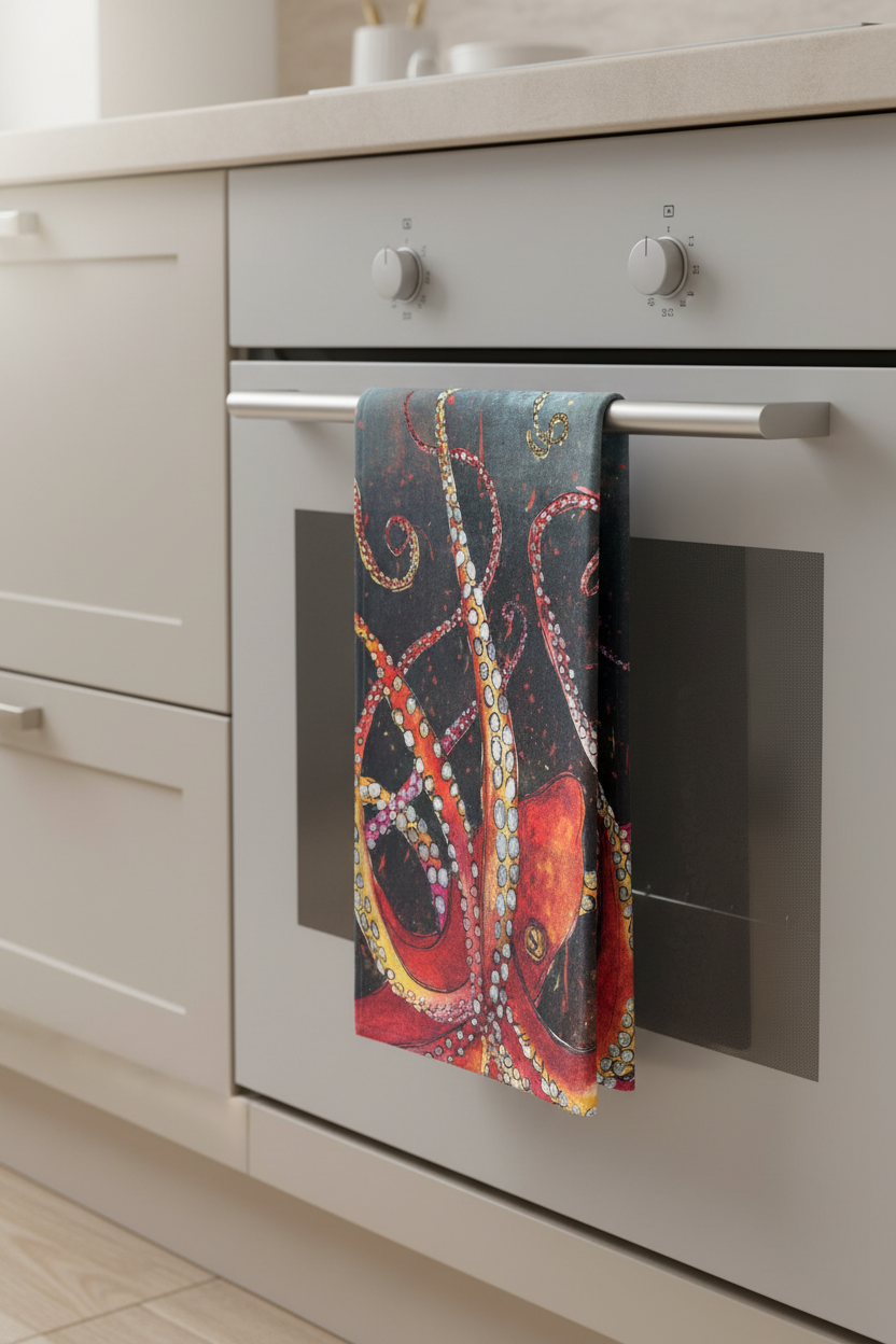 Red Octopus Tea Towel