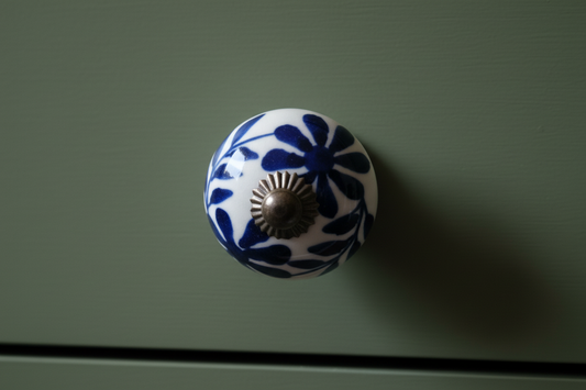 Ceramic Drawer Knobs | Blue Leaf & Silver Centre | Sold in Pairs