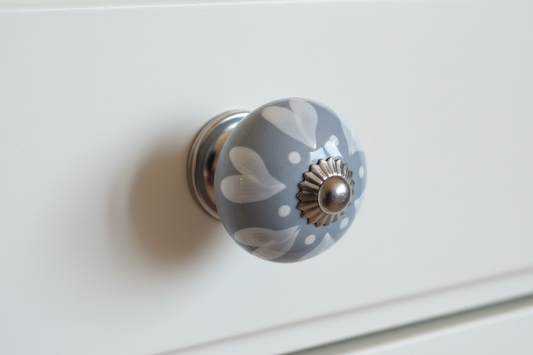Ceramic Drawer Knobs | Grey-Blue with White Hearts & Silver Centre | Sold in Pairs