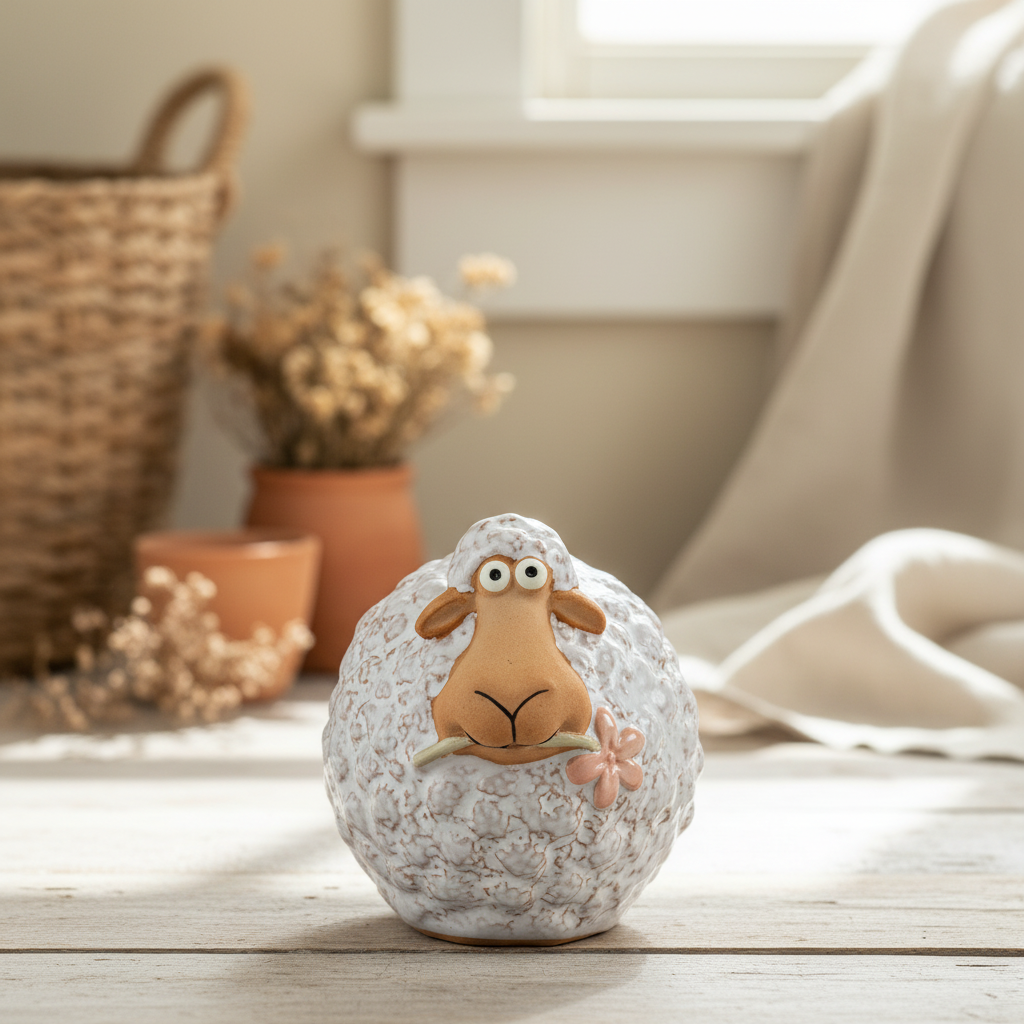 White Sheep Ornament with Flower, 8.3cm