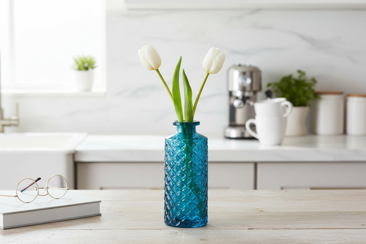 Tall Blue Glass, Patterned Flower Vase Or Diffuser Bottle, 13.5cm
