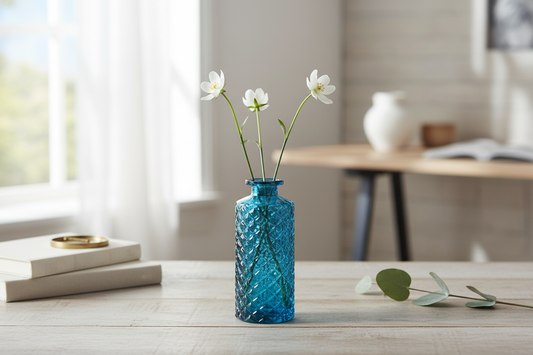 Tall Blue Glass, Patterned Flower Vase Or Diffuser Bottle, 13.5cm