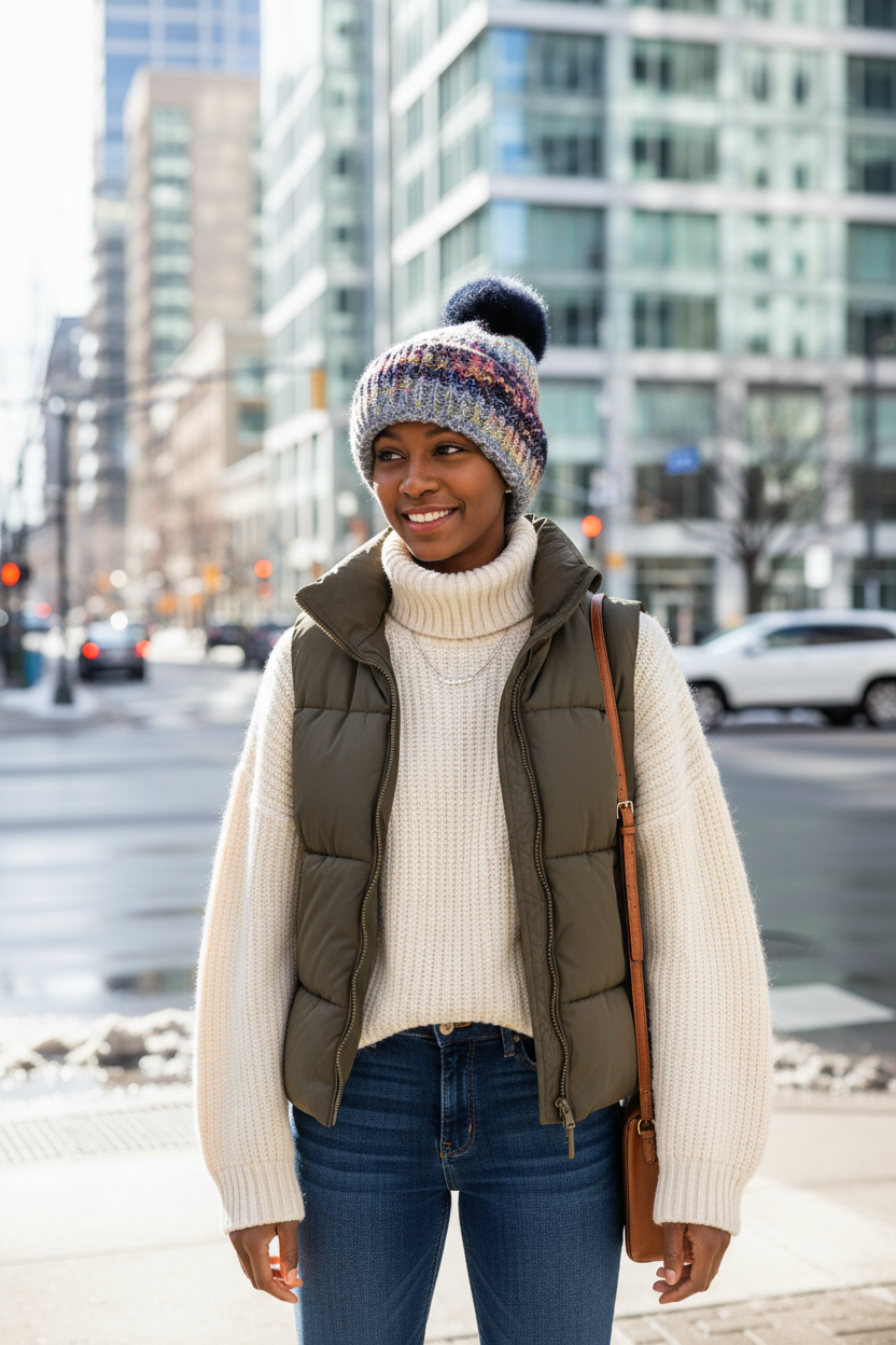 Multi Layer PomPom Hat - Navy Sunset