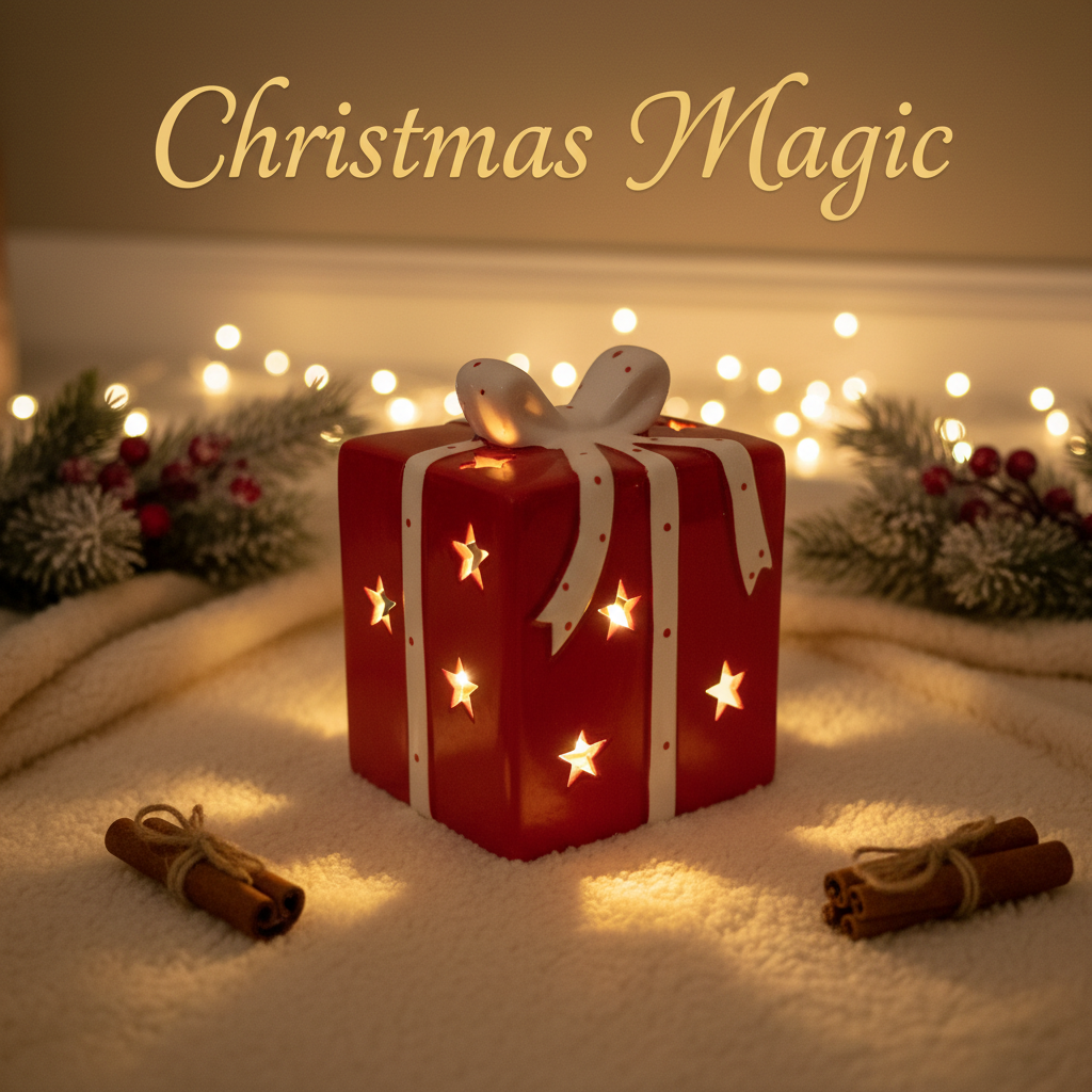 Large Red/White Ceramic Present With Led H12cm