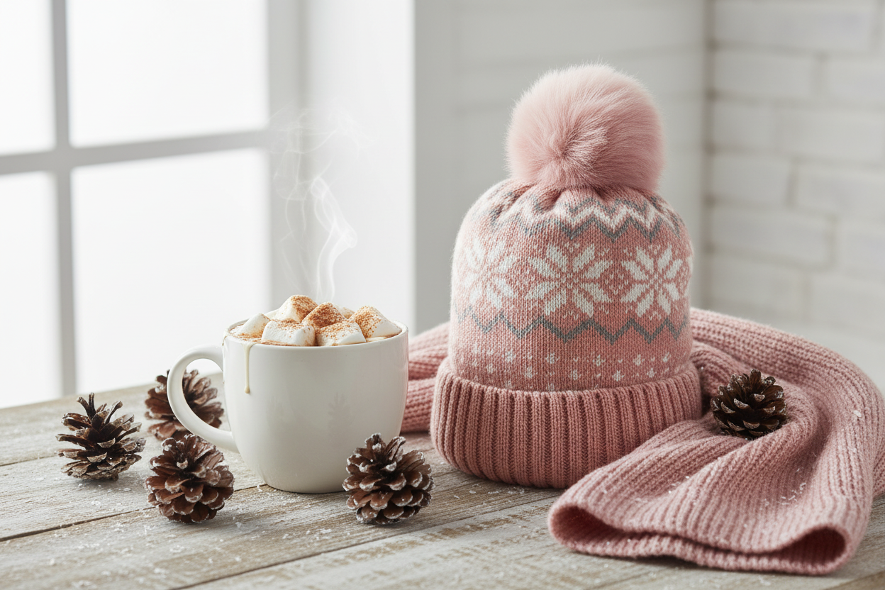 Fluffy Nordic Bobble Hat Pink with Faux Fur Lining