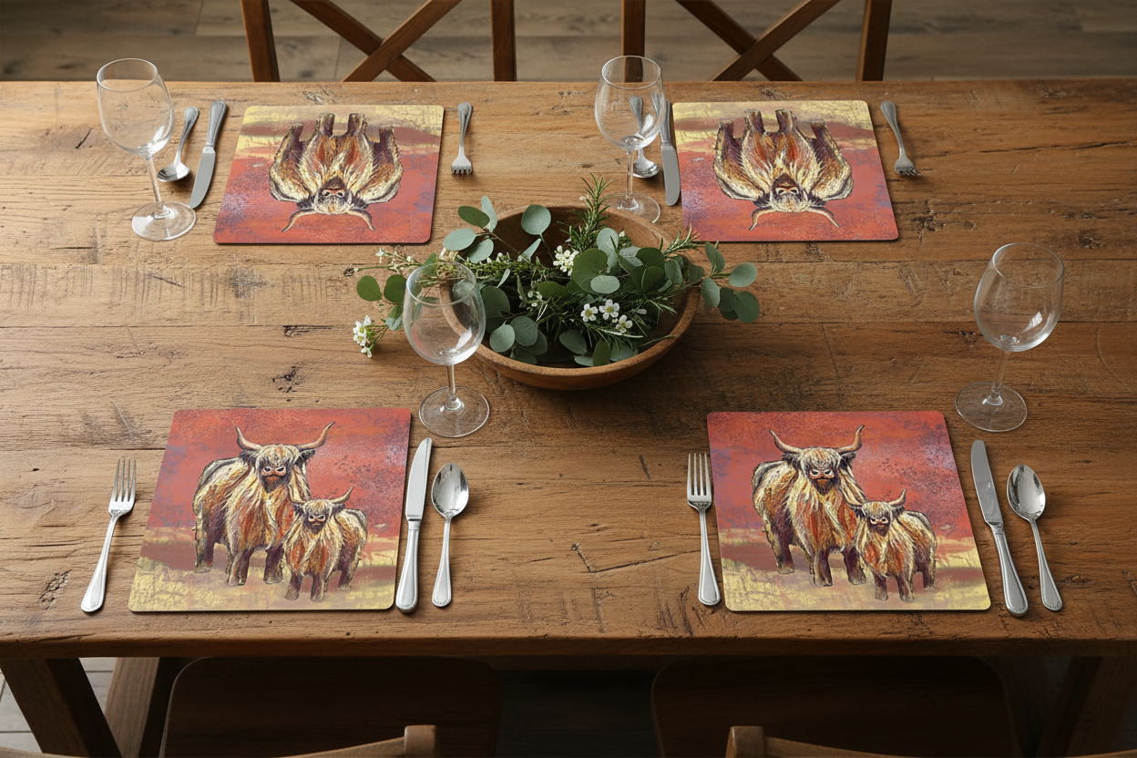 Highland Cow Placemats (Sold in Pairs)-handmade in the UK- Very High quality