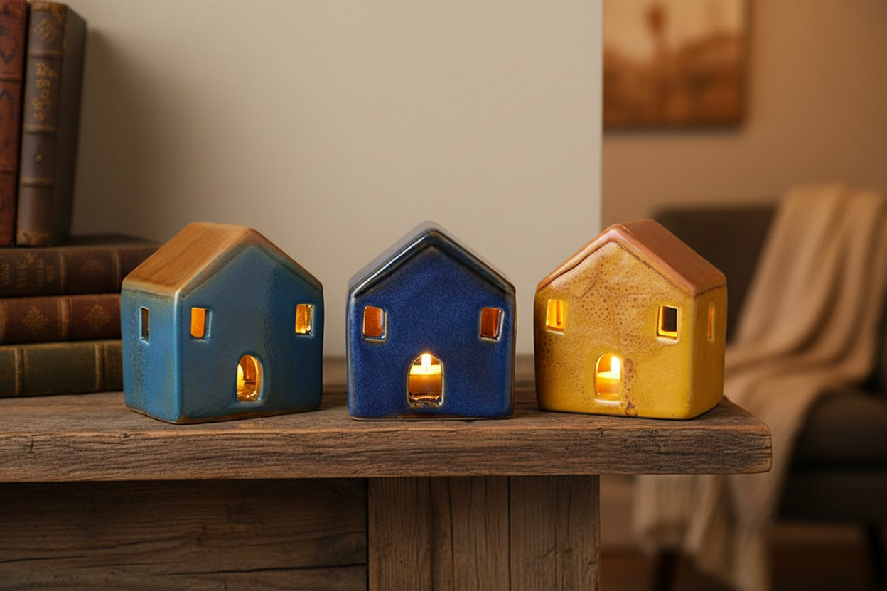 Three LED Light-up Cottage mix in Blue and Yellow- Quirky and collectable, H8.5 cm