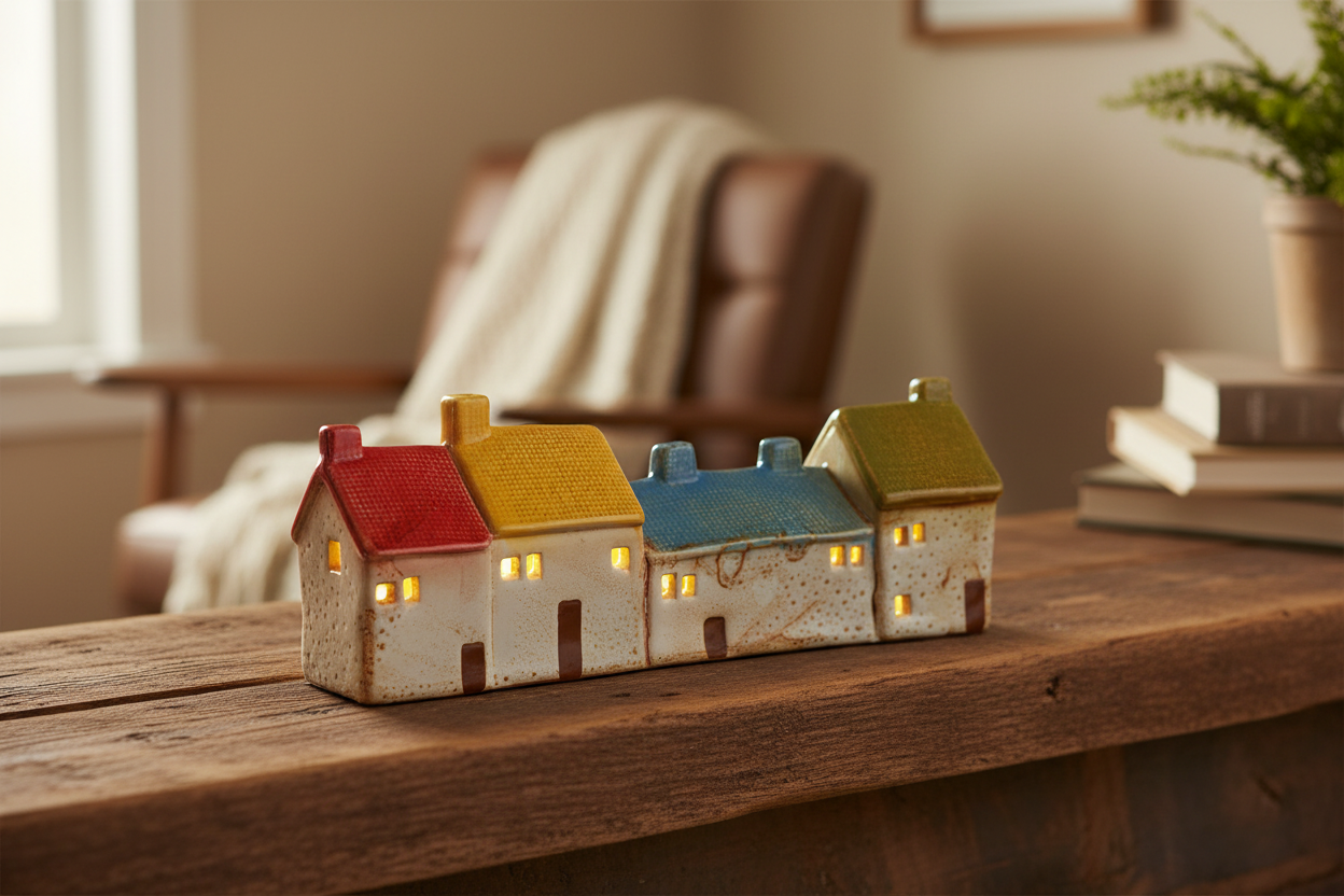 Row of Four Ceramic LED cottages - Quirky and collectable H10.2 cm