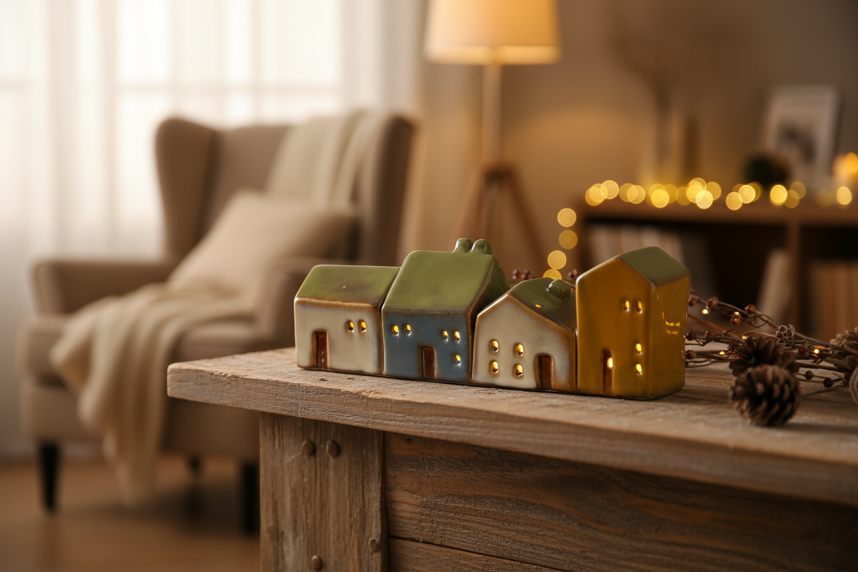 Row of Four LED Light-up Ceramic Cottages- Quirky and collectable H7cm