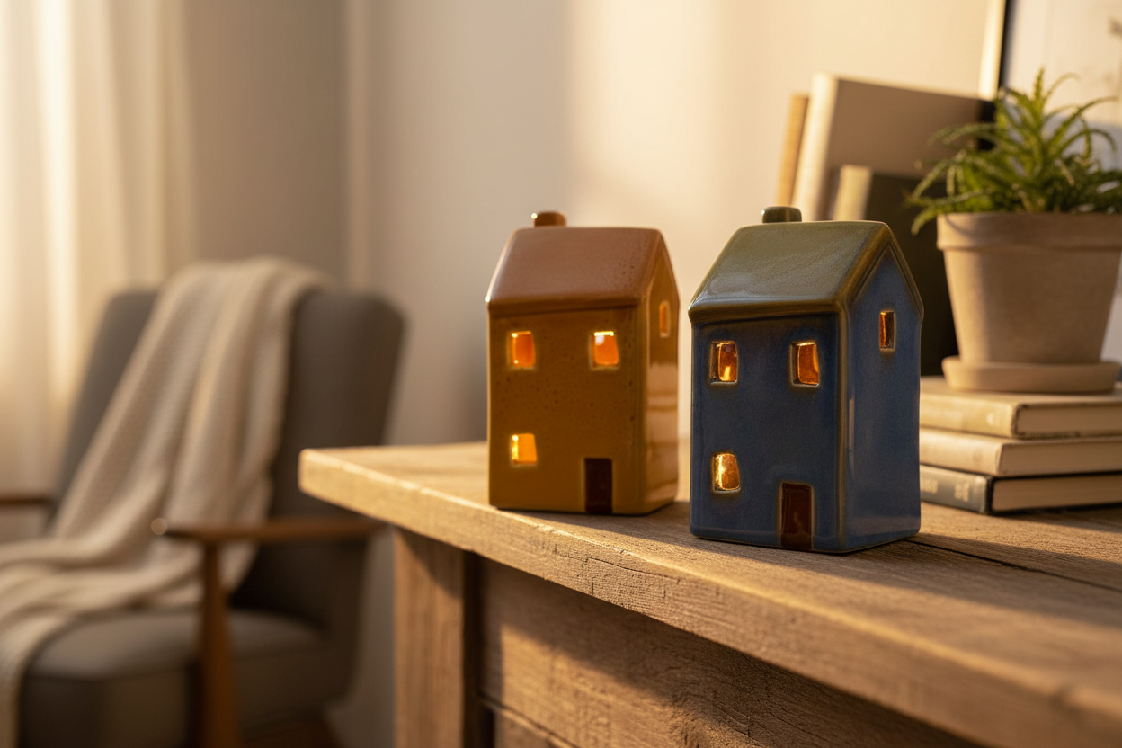 Two, LED Cottages In Blue and Yellow -Quirky and collectable. H13.3 cm