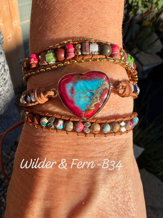 Handmade Mix Gemstone Heart Wrap Bracelet, Boho Love Strap
