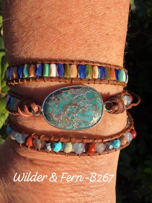 Natural Turquoise & Jasper Silver Wrap Bracelet