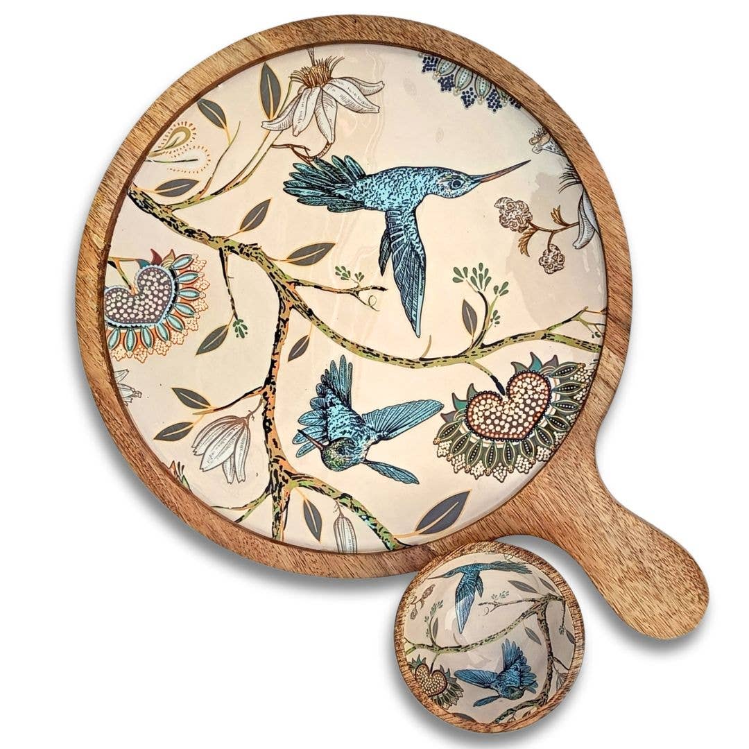 Handmade Charcuterie Board Paddle Tray  with dip bowl - Hummingbird
