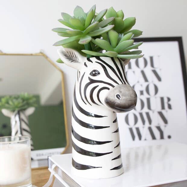 Zebra Head Ceramic Vase 17cm | Black & White Animal Planter
