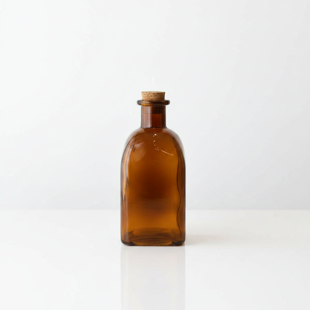 Amber Glass Bottle with Cork - White Background