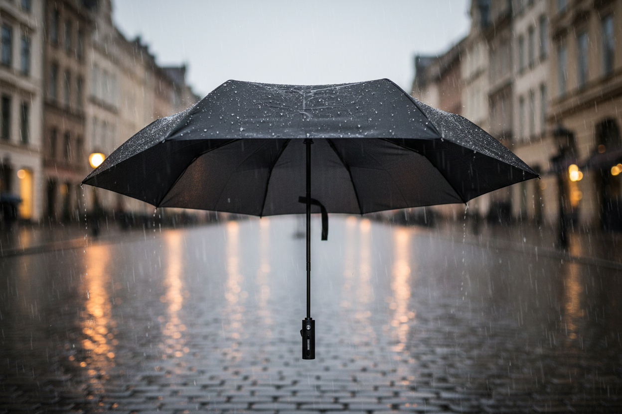 Auto Open & Close Compact Umbrella - Classic Black - L33cm Closed shown open with a black canopy in a rainy city street for practical Fashion rain protection