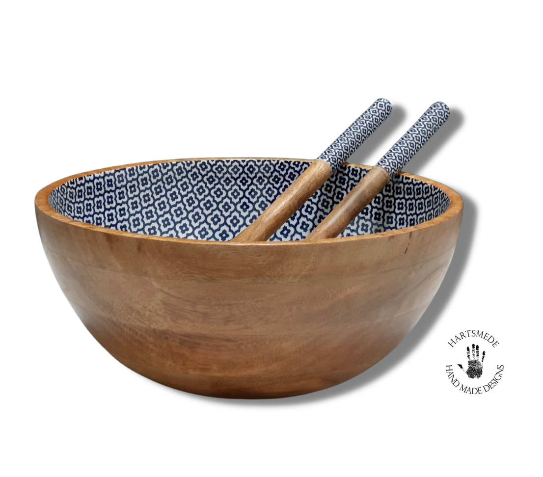 Handmade Serving Bowl with Spoons Stunning Prints Salad Bowl