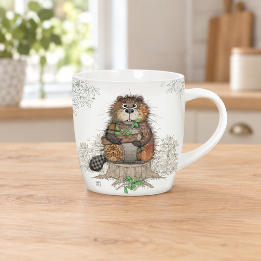 Bug Art Barry Beaver Mug with presentation box fine bone china white mug with colourful beaver illustration
