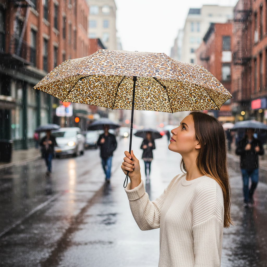 Mini Compact Umbrella - 4 Prints - L24cm Closed with leopard print canopy held by woman on a rainy city street for Fashion