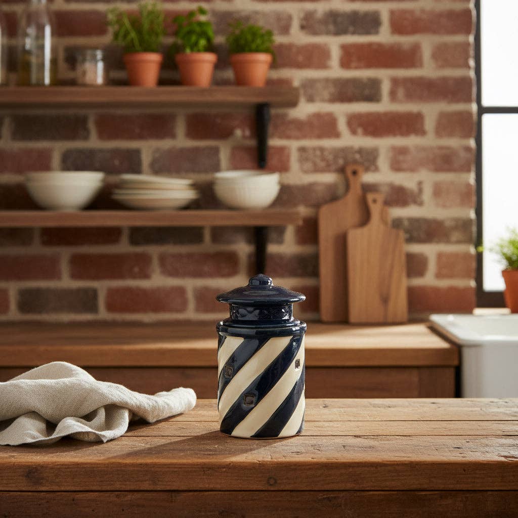 Coastal Novelty Honey Pot | Navy Blue & White Stripe H5"