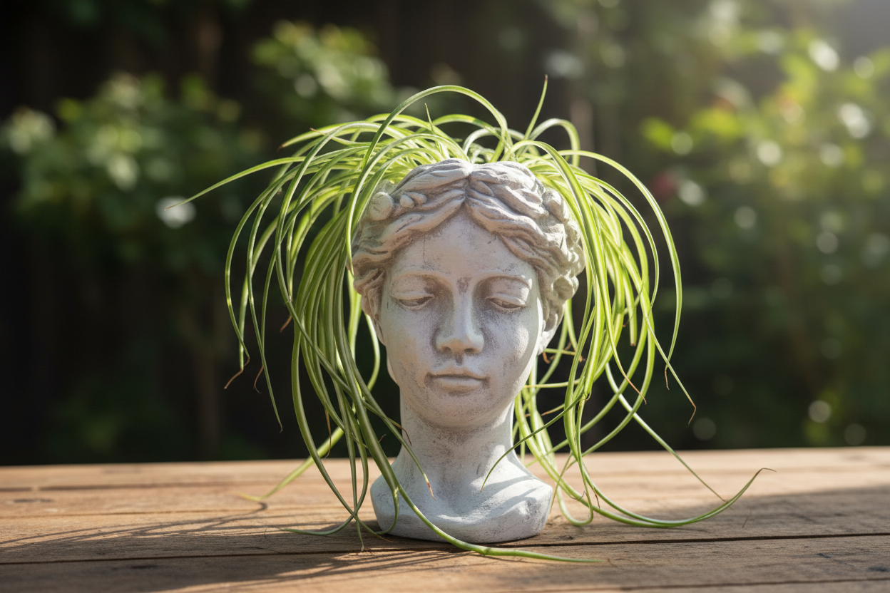 Cherub Head Planter with Hair-Like Plant