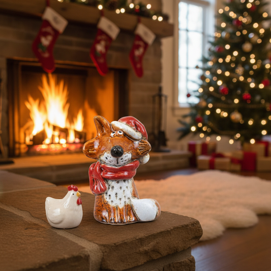 Christmas Fox Ornament by Fireplace - Lifestyle