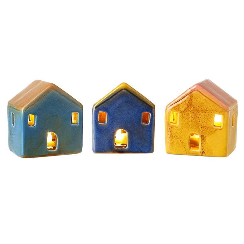 Three LED Light-up Cottage mix in Blue and Yellow- Quirky and collectable, H8.5 cm