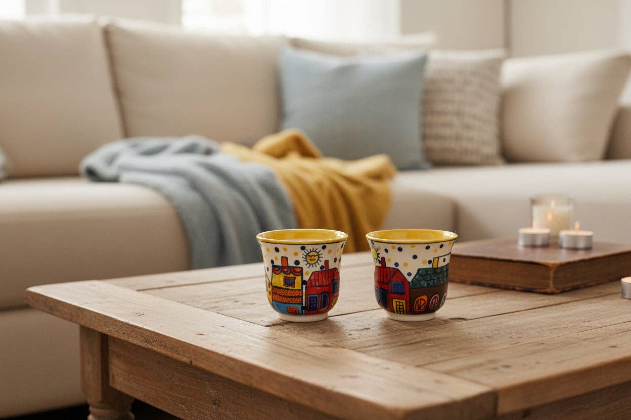 Pair of Colourful Whimsical Village Ceramic Cache Pots H4"