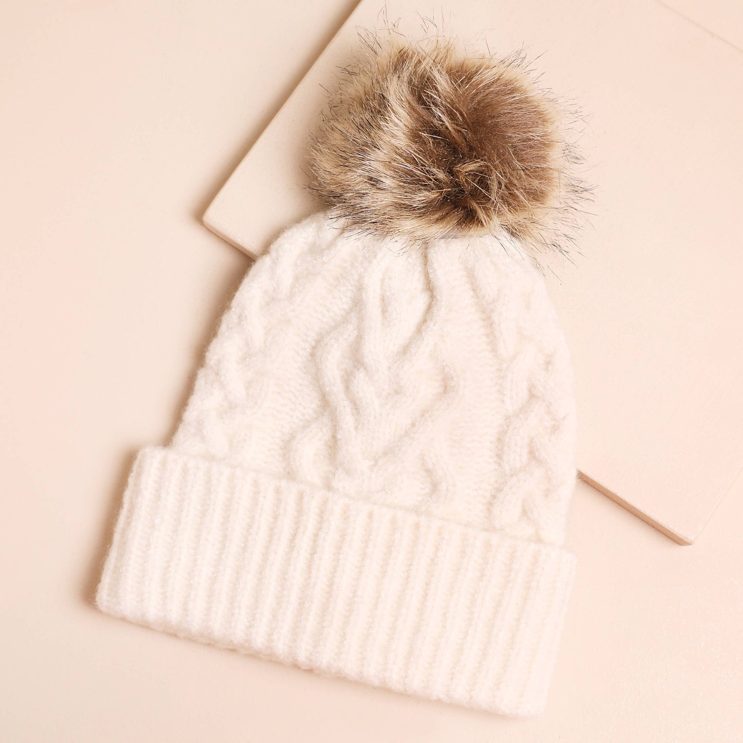 Cream Cable Knit Bobble Hat | Faux Fur Pom Pom Winter Beanie