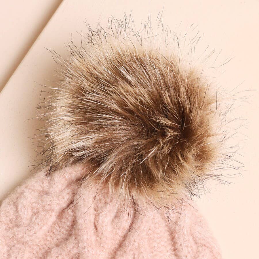 Pink Cable Knit Bobble Hat | Faux Fur Pom Pom Beanie