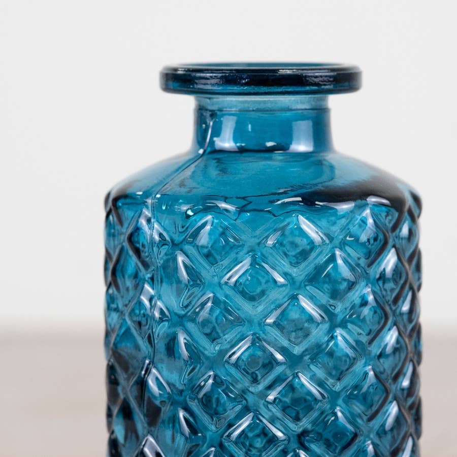 Tall Blue Glass, Patterned Flower Vase Or Diffuser Bottle, 13.5cm