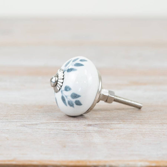 2x Vintage Silver Ceramic Leaf Design Knobs, 4cm x 7cm