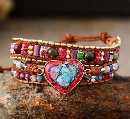 Handmade Mix Gemstone Heart Wrap Bracelet, Boho Love Strap