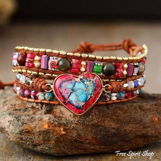 Handmade Mix Gemstone Heart Wrap Bracelet, Boho Love Strap